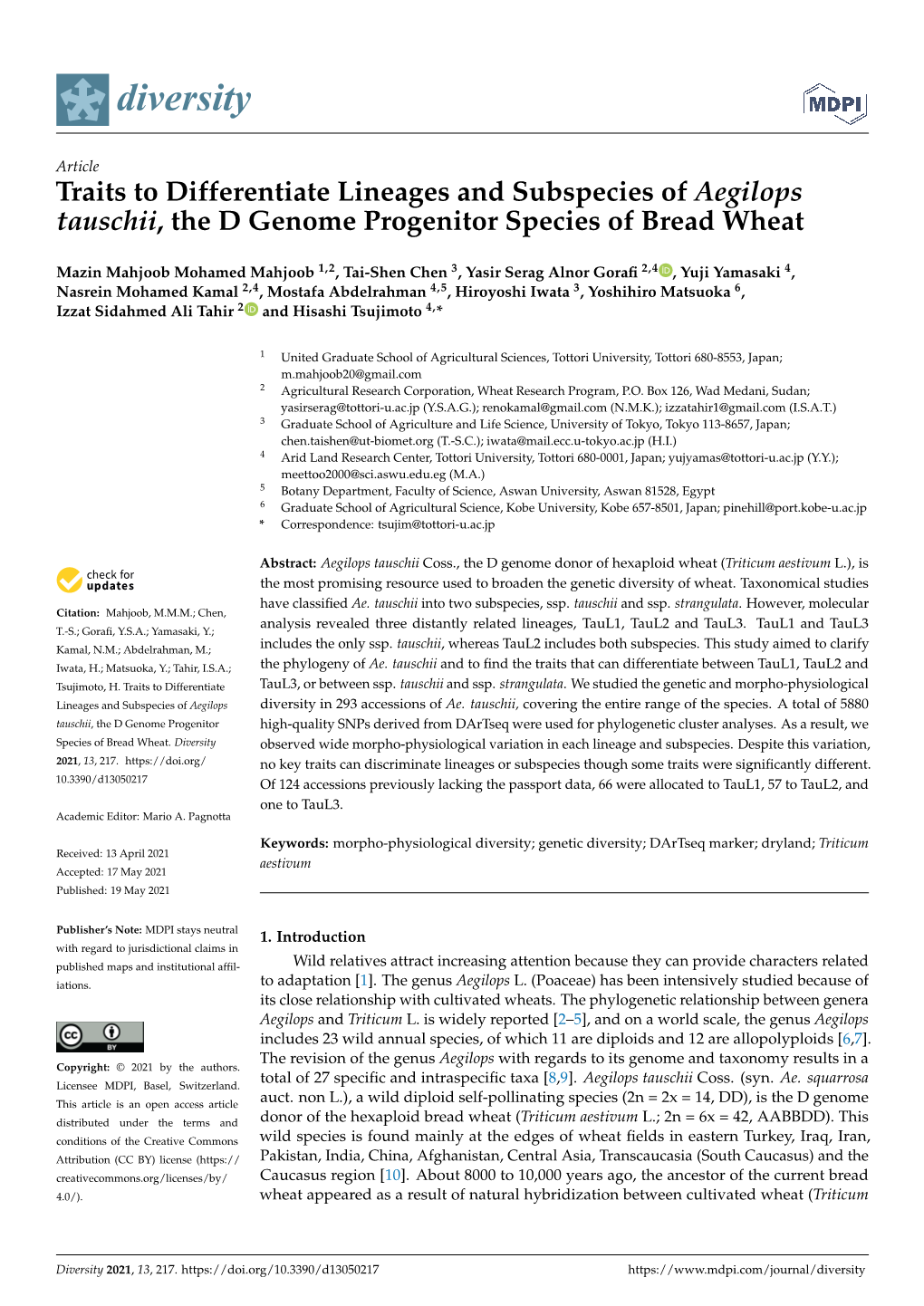 Traits to Differentiate Lineages and Subspecies of Aegilops Tauschii, the D Genome Progenitor Species of Bread Wheat