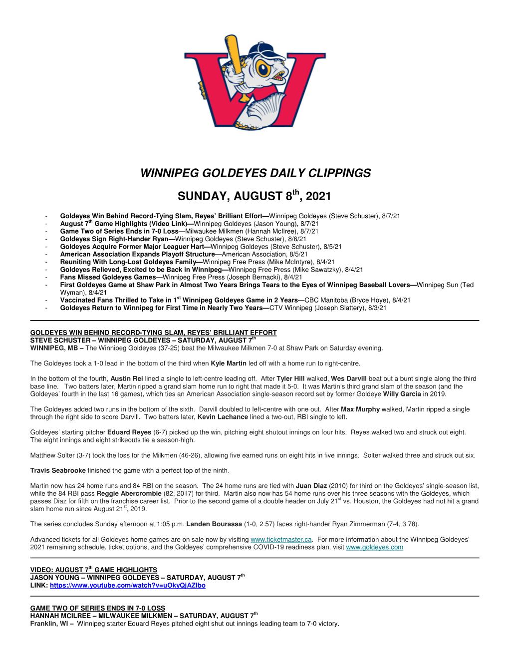 Winnipeg Goldeyes Daily Clippings Sunday, August 8