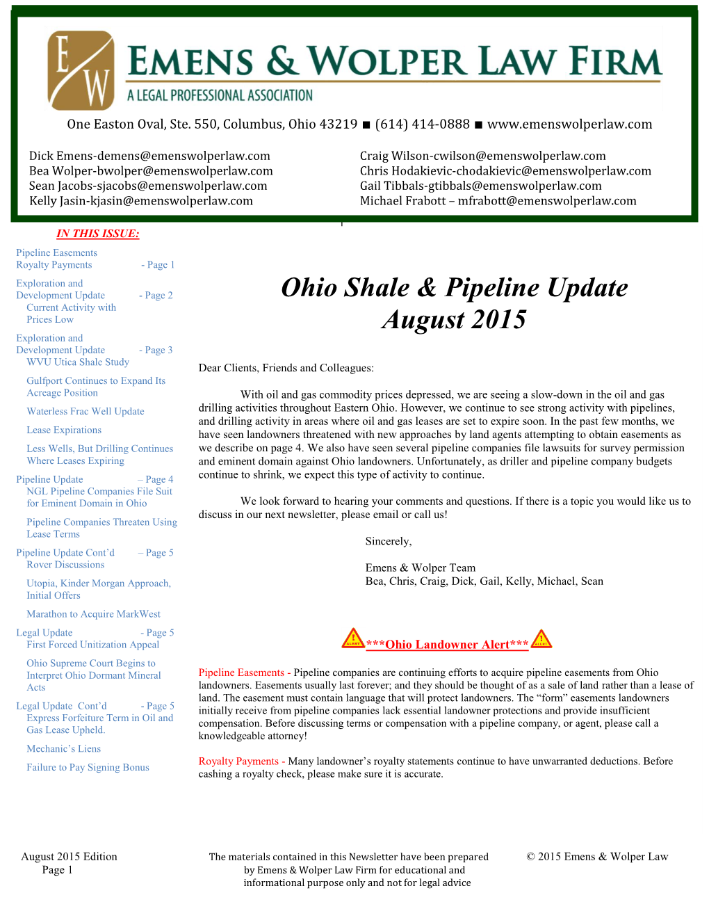 Ohio Shale & Pipeline Update August 2015