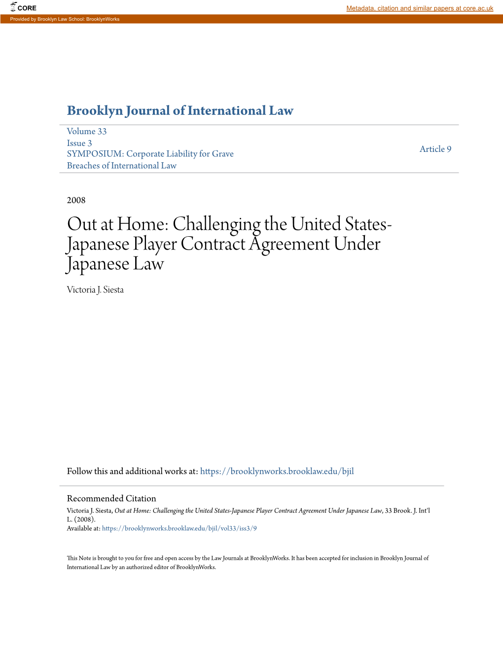 Out at Home: Challenging the United States-Japanese Player Contract Agreement Under Japanese Law, 33 Brook