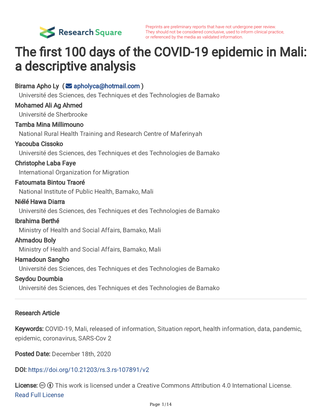 The Rst 100 Days of the COVID-19 Epidemic in Mali