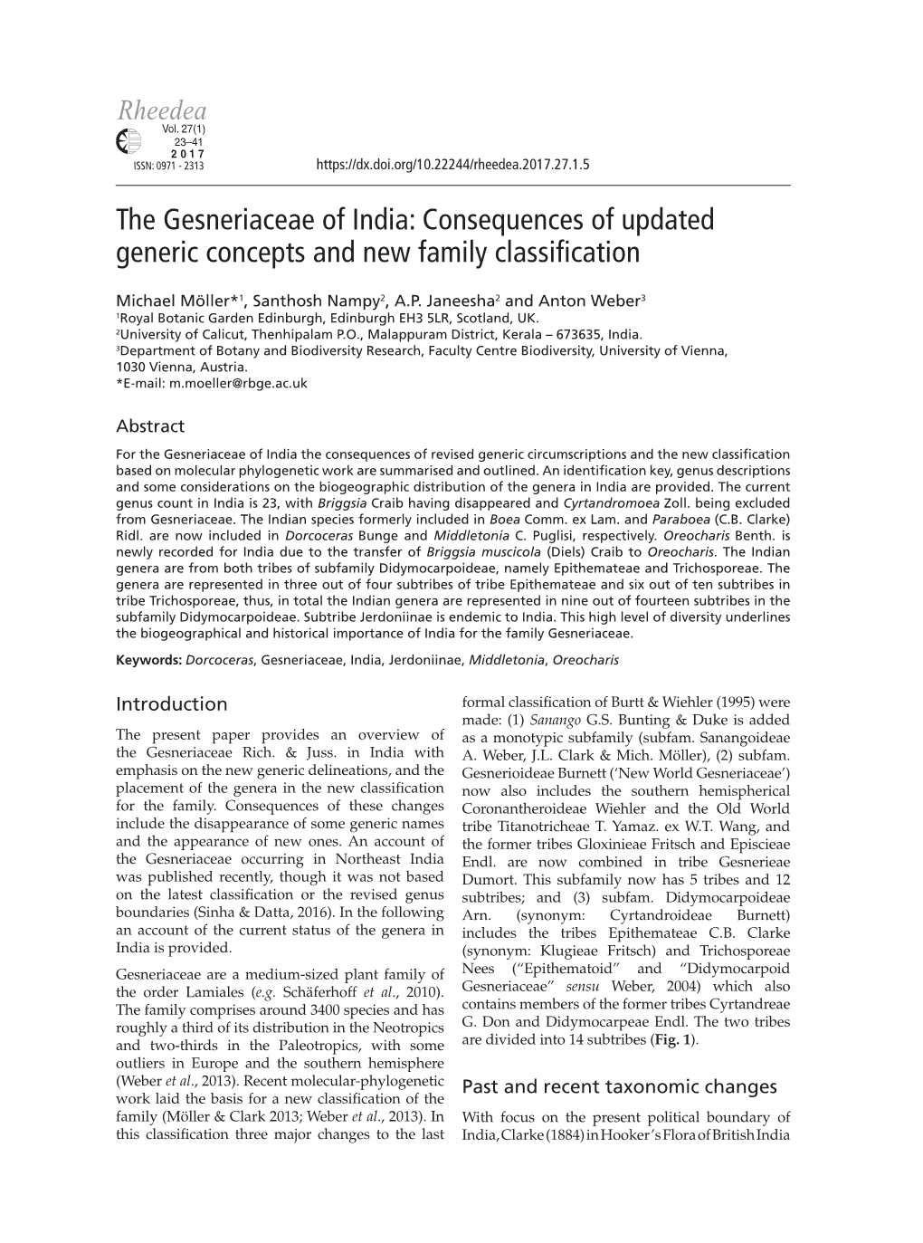 The Gesneriaceae of India: Consequences of Updated Generic Concepts and New Family Classification
