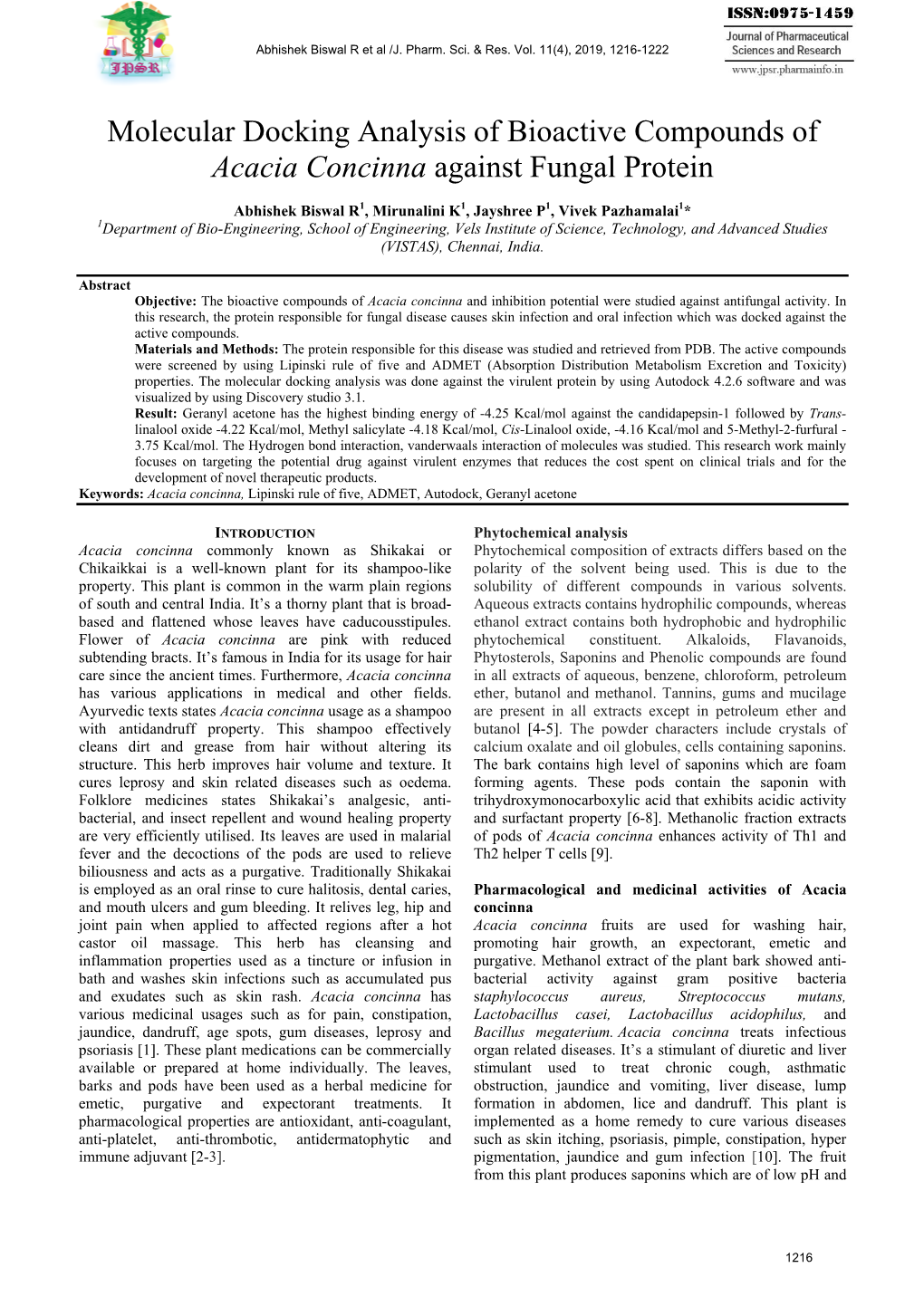 Molecular Docking Analysis of Bioactive Compounds of Acacia Concinna Against Fungal Protein