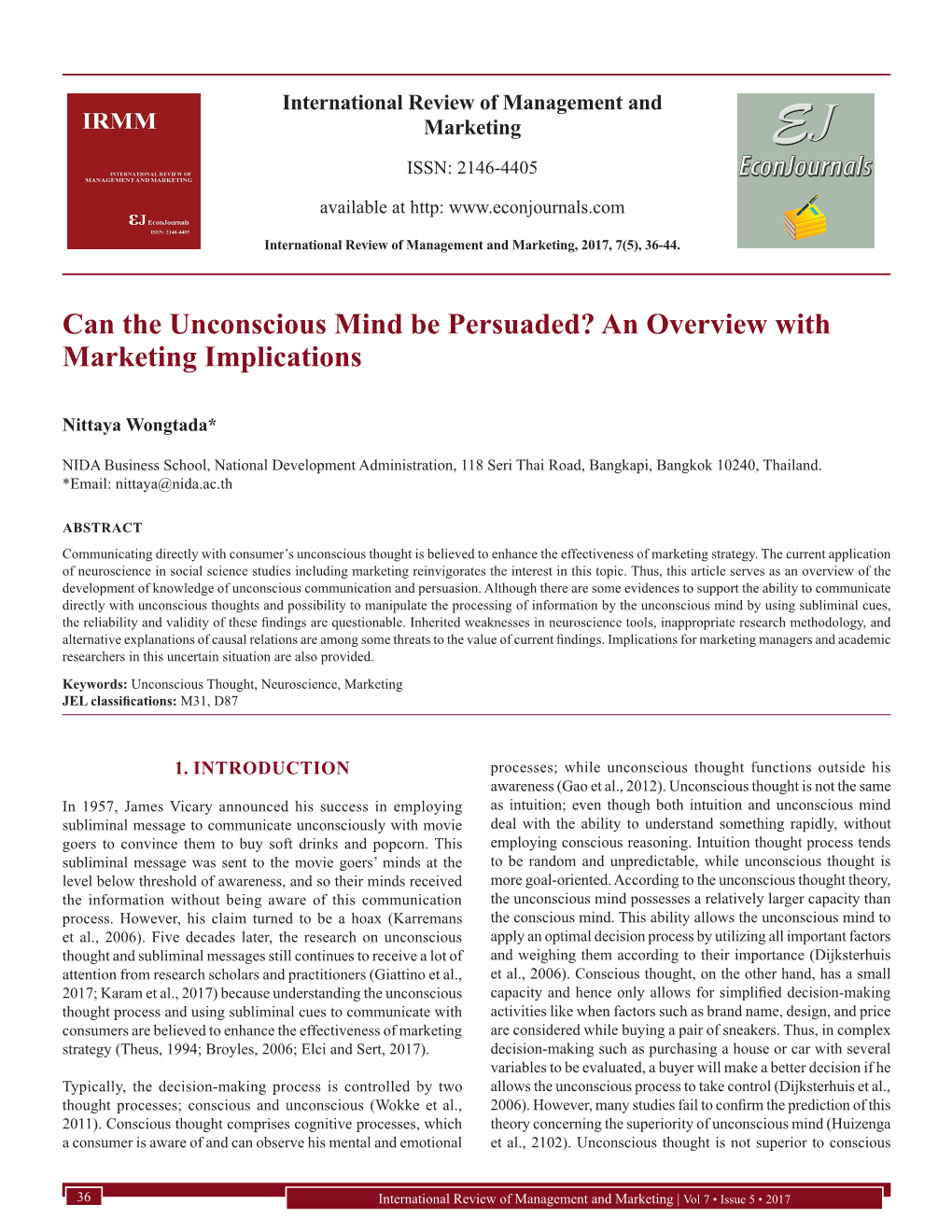 Can the Unconscious Mind Be Persuaded? an Overview with Marketing Implications