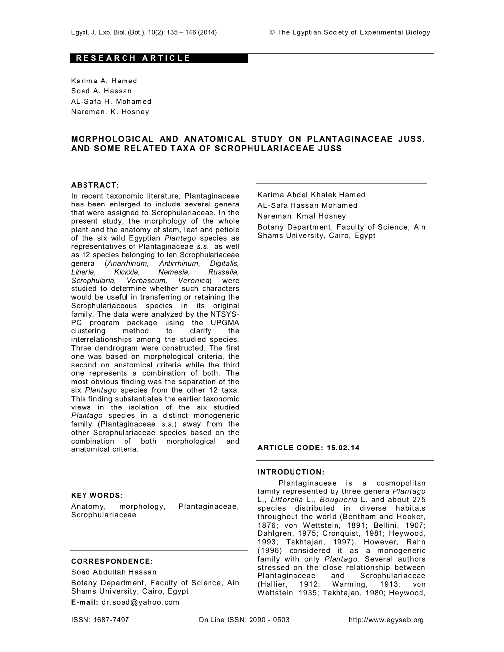 Research Article Morphological and Anatomical Study on Plantaginaceae Juss. and Some Related Taxa of Scrophulariaceae Juss