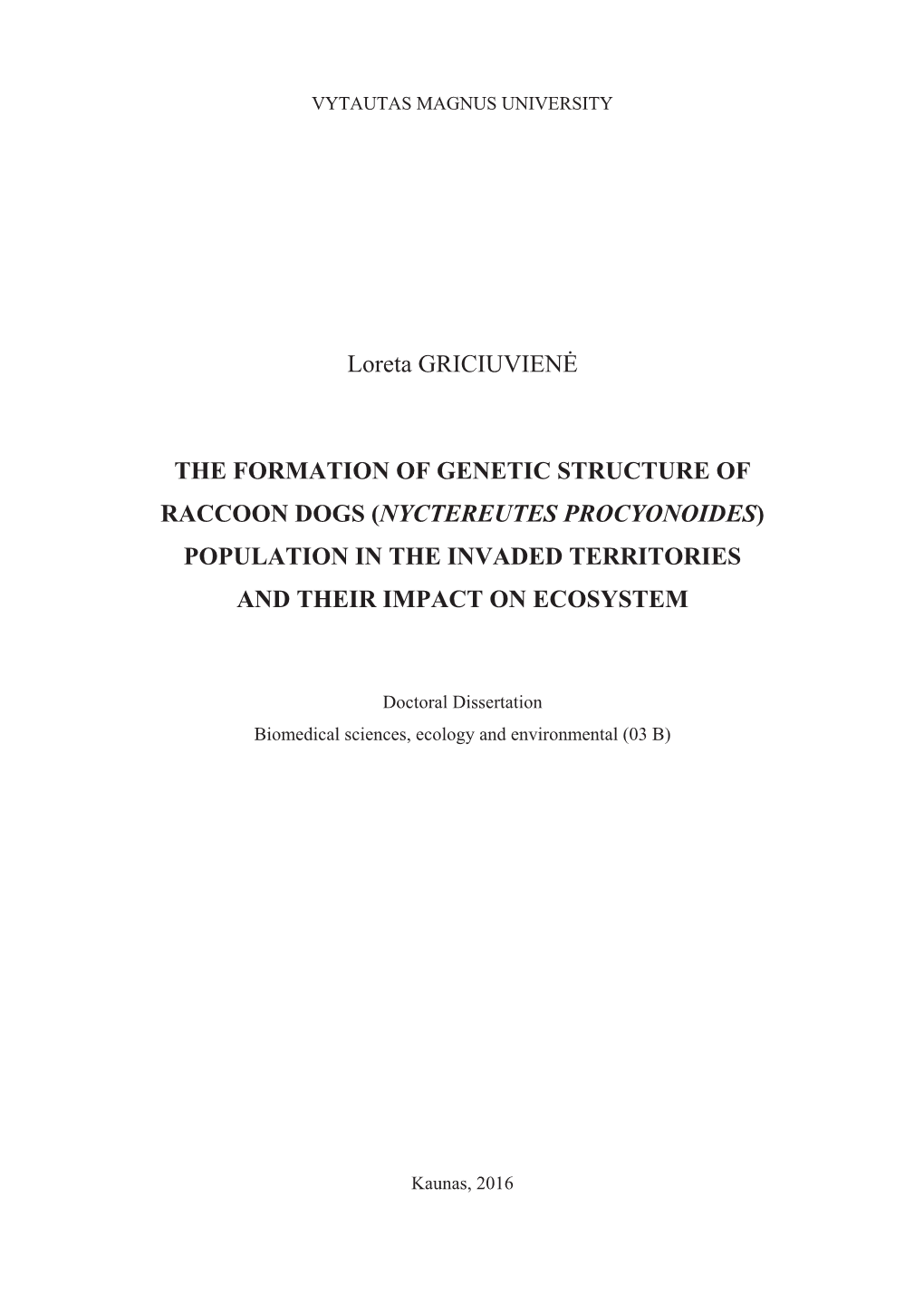 Nyctereutes Procyonoides) Population in the Invaded Territories and Their Impact on Ecosystem