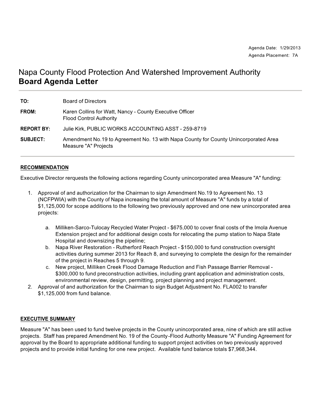 Napa County Flood Protection and Watershed Improvement Authority Board Agenda Letter