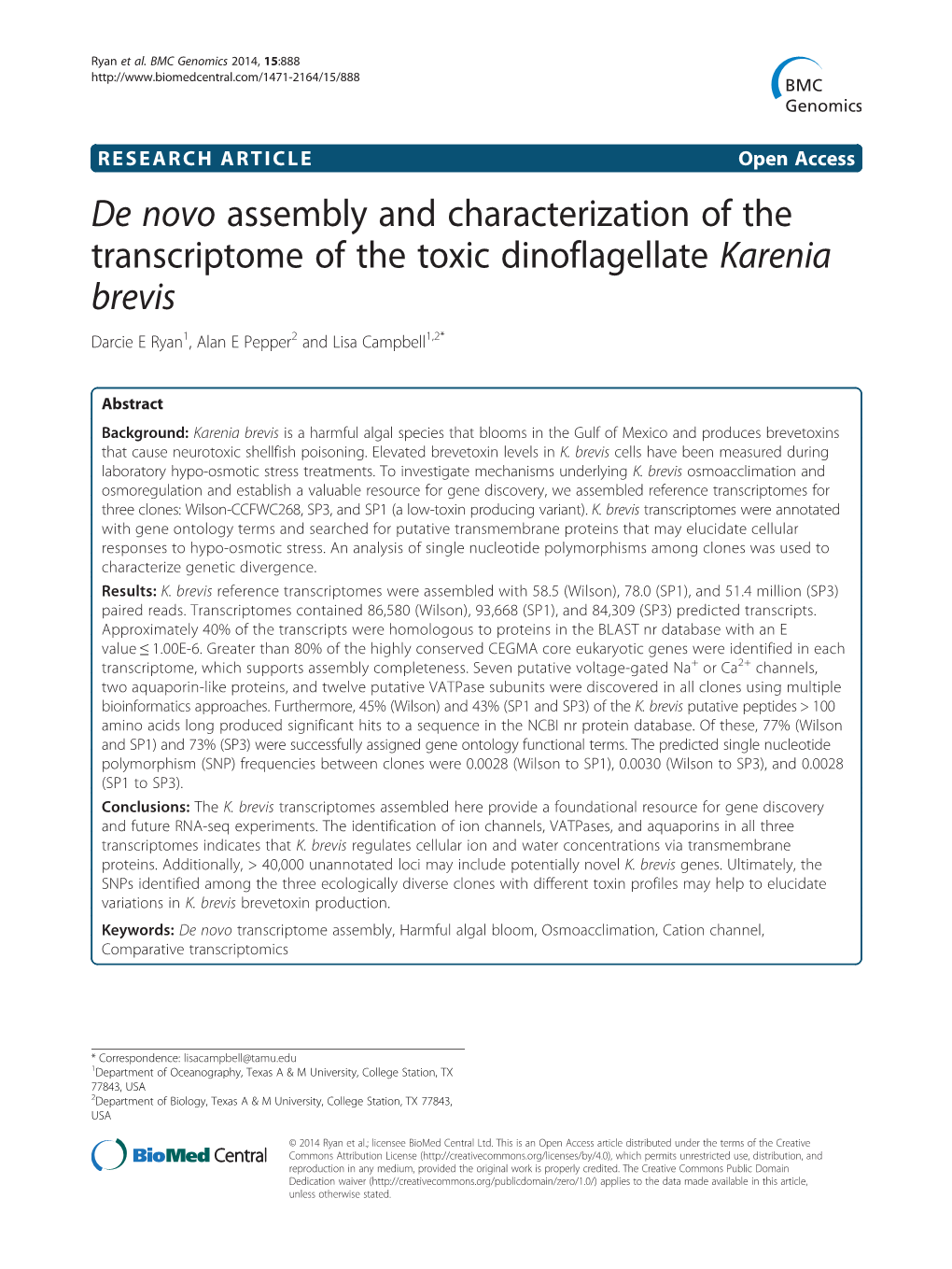 De Novo Assembly and Characterization of the Transcriptome of the Toxic Dinoflagellate Karenia Brevis