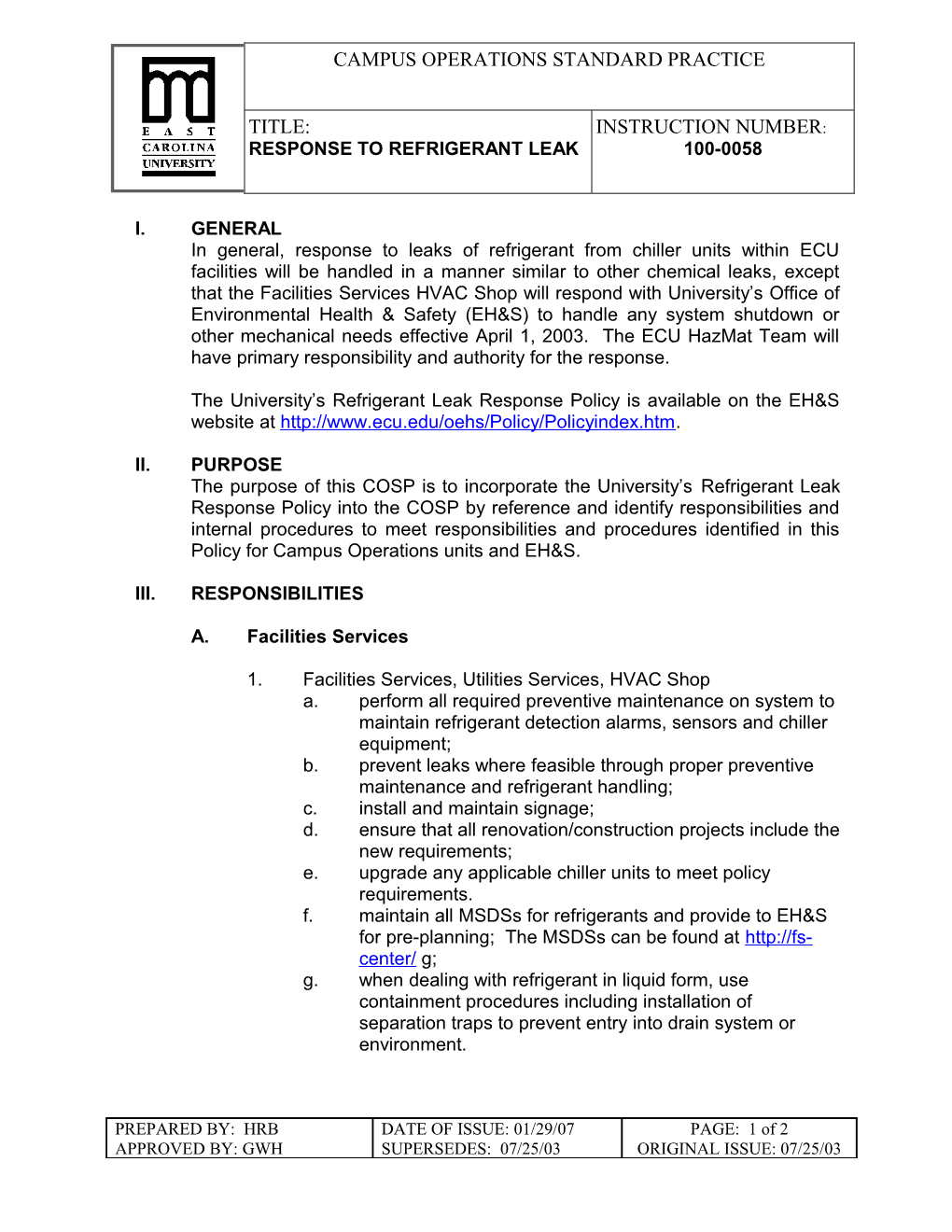 COSP 100-0058; Response to Refrigerant Leak