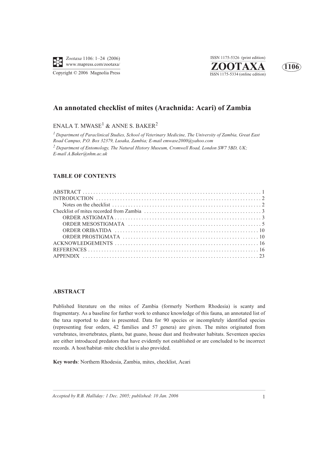 Zootaxa, Checklist of Mites (Arachnida: Acari)