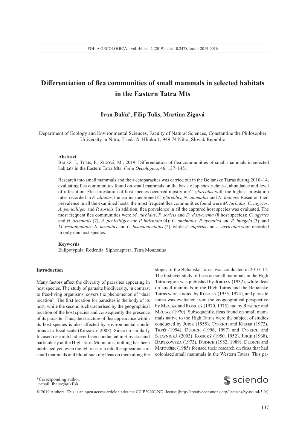 Differentiation of Flea Communities of Small Mammals in Selected Habitats in the Eastern Tatra Mts