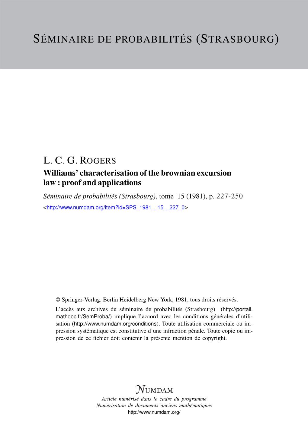 Williams' Characterisation of the Brownian Excursion