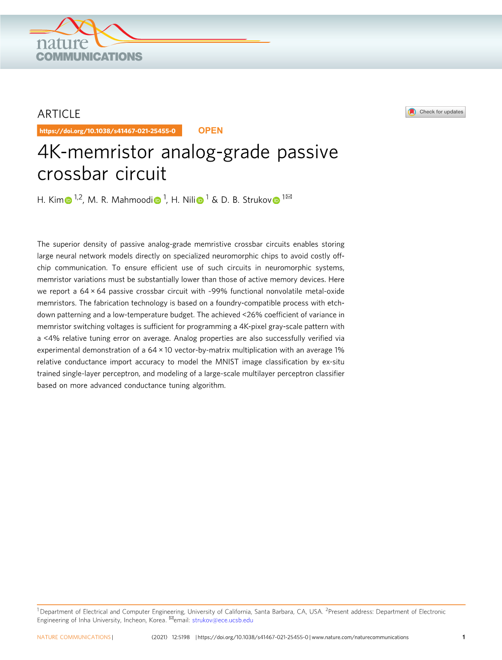 4K-Memristor Analog-Grade Passive Crossbar Circuit ✉ H