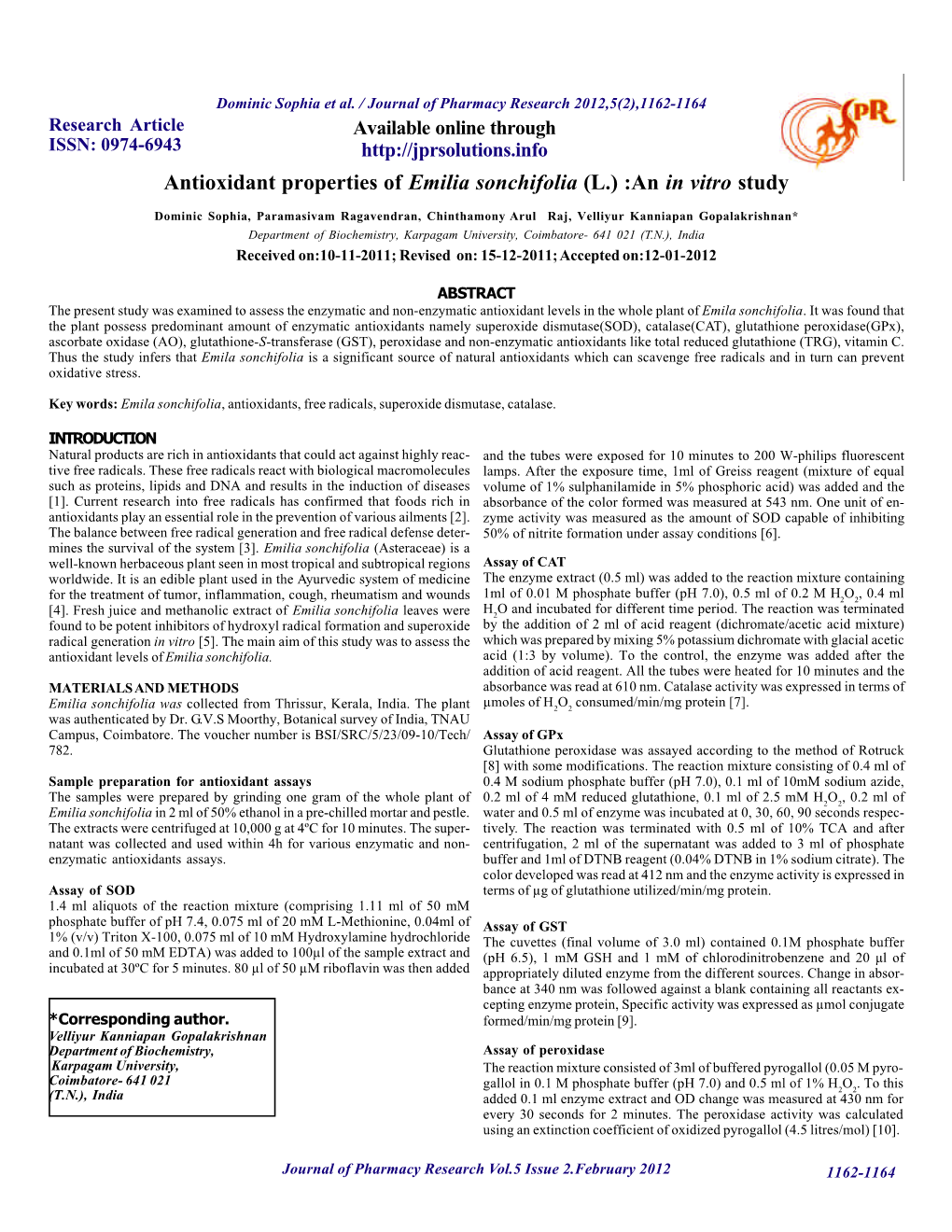 Antioxidant Properties of Emilia Sonchifolia (L.) :An in Vitro Study