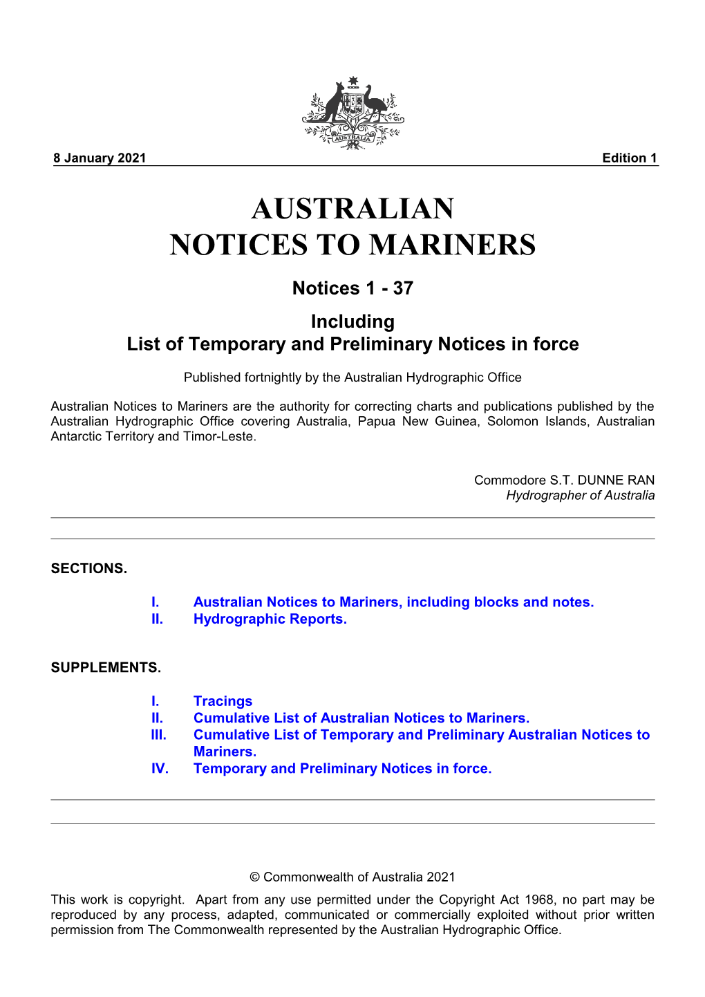 AUSTRALIAN NOTICES to MARINERS Notices 1 - 37 Including List of Temporary and Preliminary Notices in Force