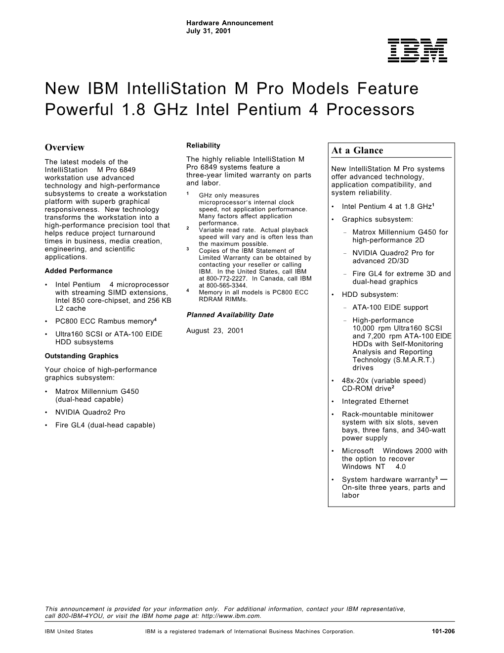 New IBM Intellistation M Pro Models Feature Powerful 1.8 Ghz Intel Pentium 4 Processors