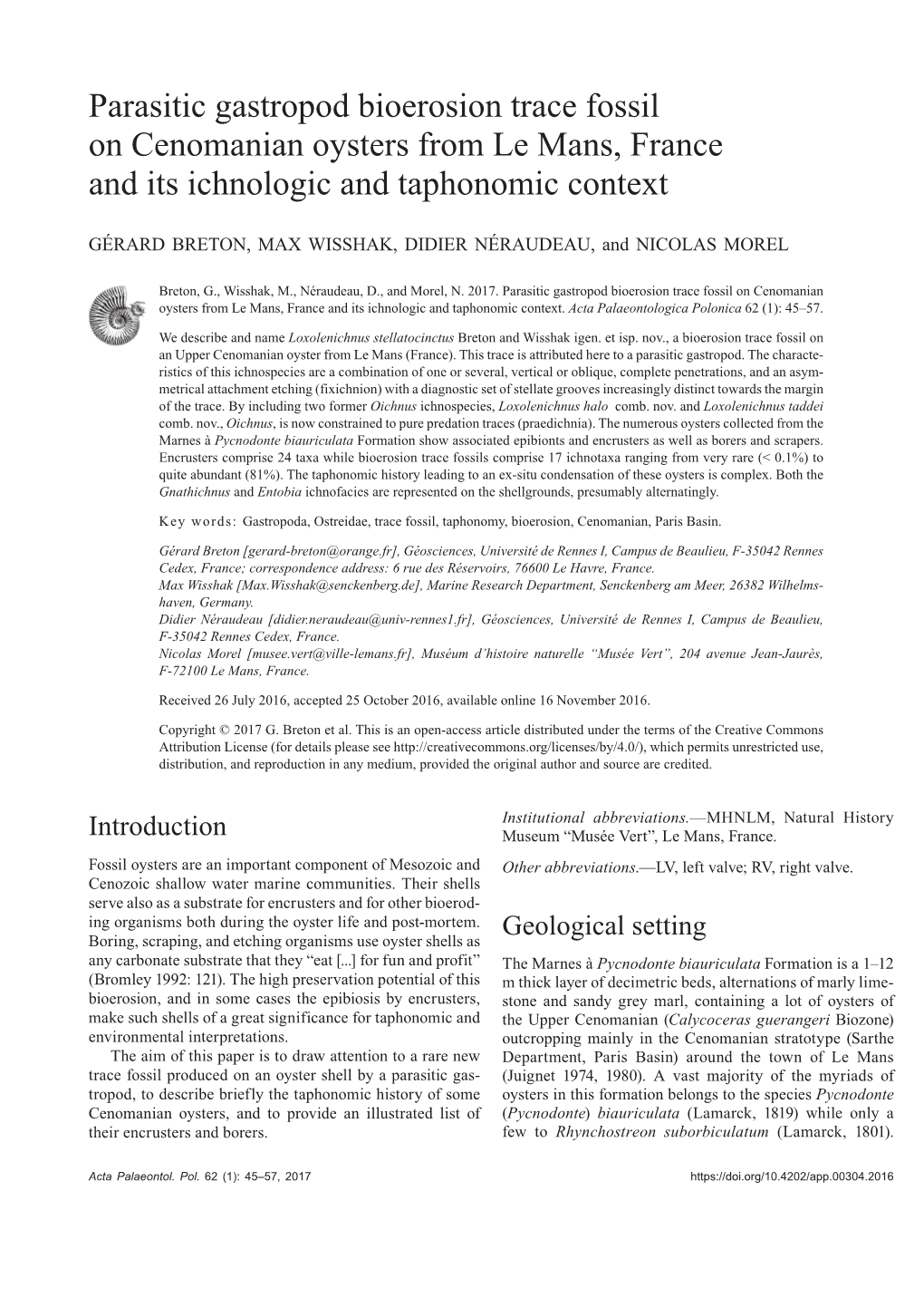 Parasitic Gastropod Bioerosion Trace Fossil on Cenomanian Oysters from Le Mans, France and Its Ichnologic and Taphonomic Context