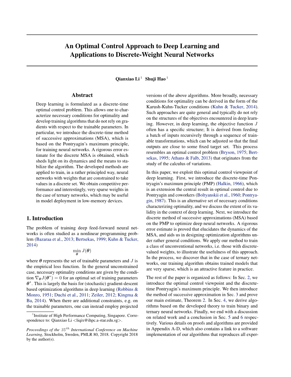 An Optimal Control Approach to Deep Learning and Applications to Discrete-Weight Neural Networks