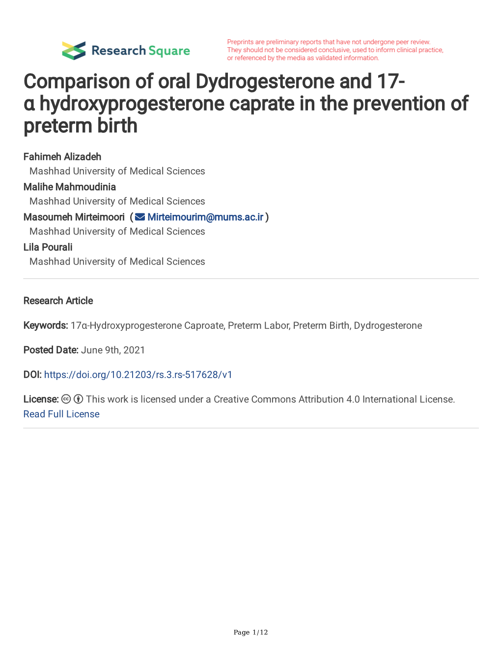 Comparison of Oral Dydrogesterone and 17- Α Hydroxyprogesterone Caprate in the Prevention of Preterm Birth