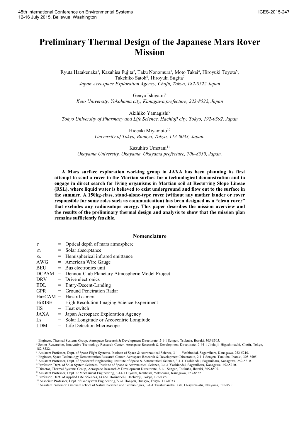 Preliminary Thermal Design of the Japanese Mars Rover Mission