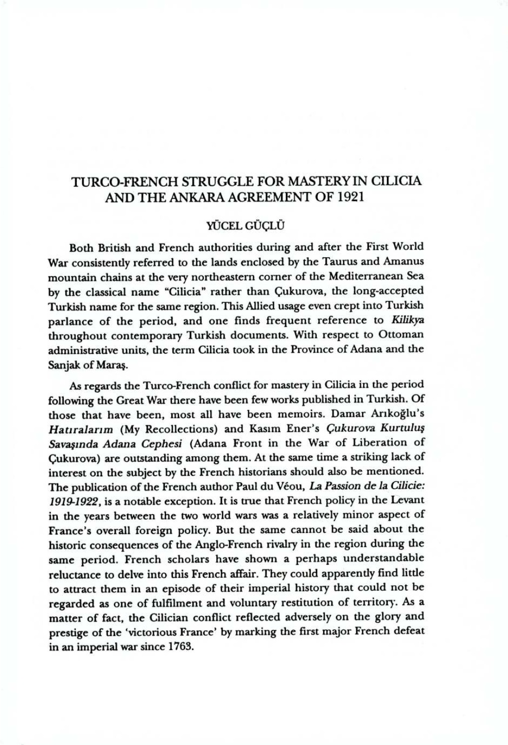 Turco-French Struggle for Mastery in Cilicia and the Ankara Agreement of 1921