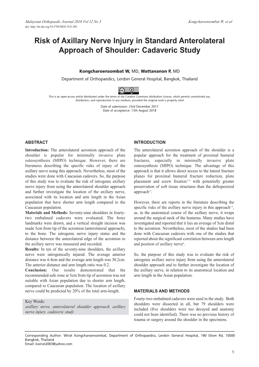 Risk of Axillary Nerve Injury in Standard Anterolateral Approach of Shoulder: Cadaveric Study