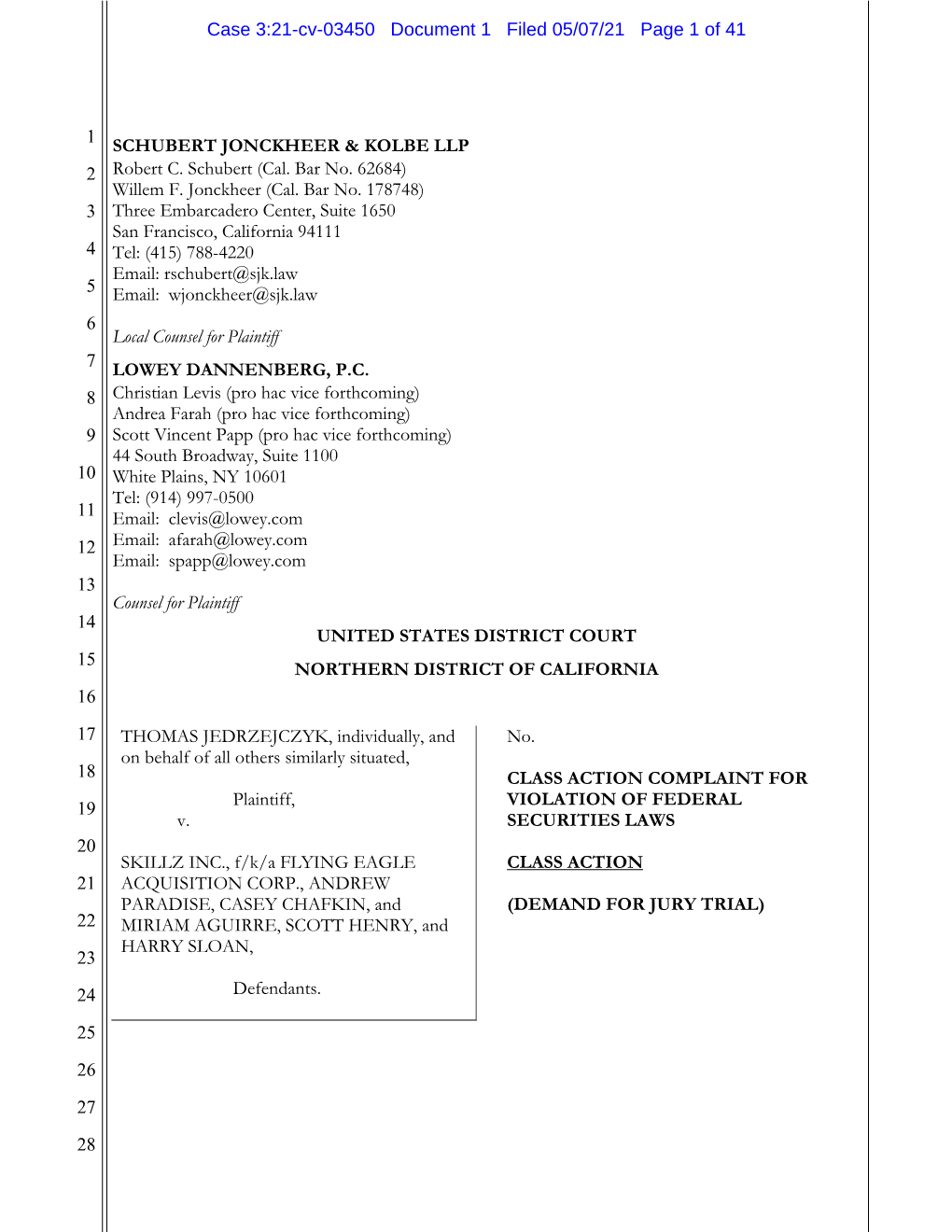 Thomas Jedrzejczyk, Et Al. V. Skillz Inc., Et Al. 21-CV-03450-Class