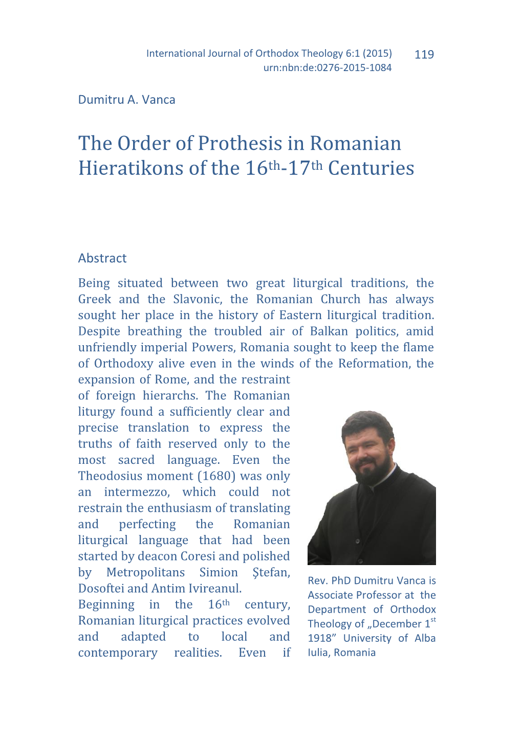 The Order of Prothesis in Romanian Hieratikons of the 16Th-17Th Centuries