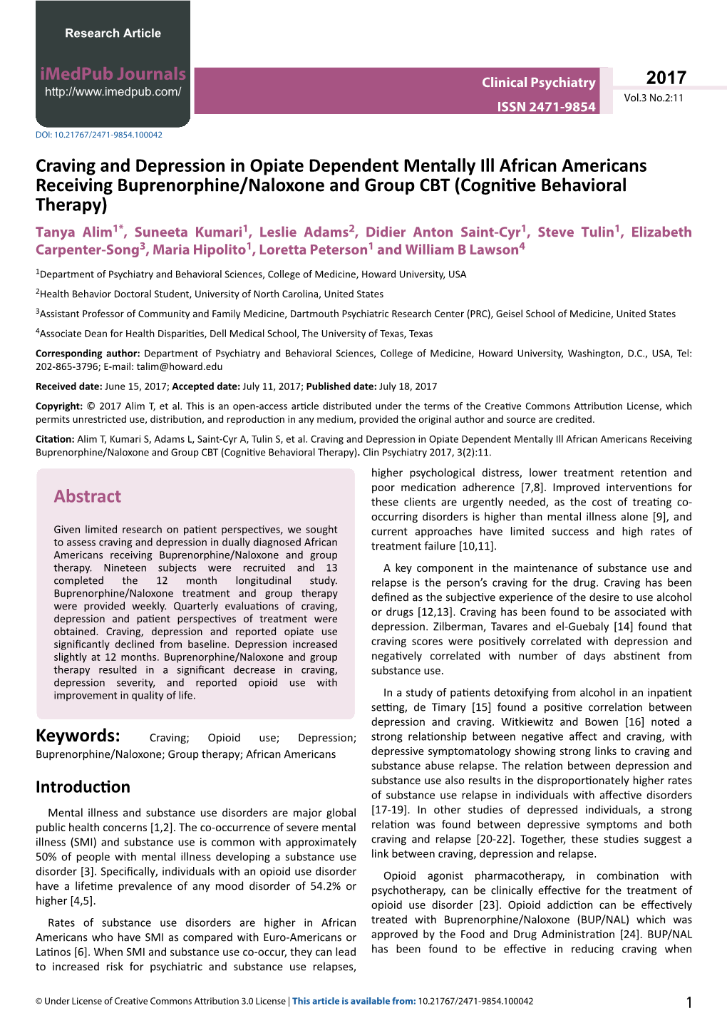 Craving and Depression in Opiate Dependent Mentally Ill African