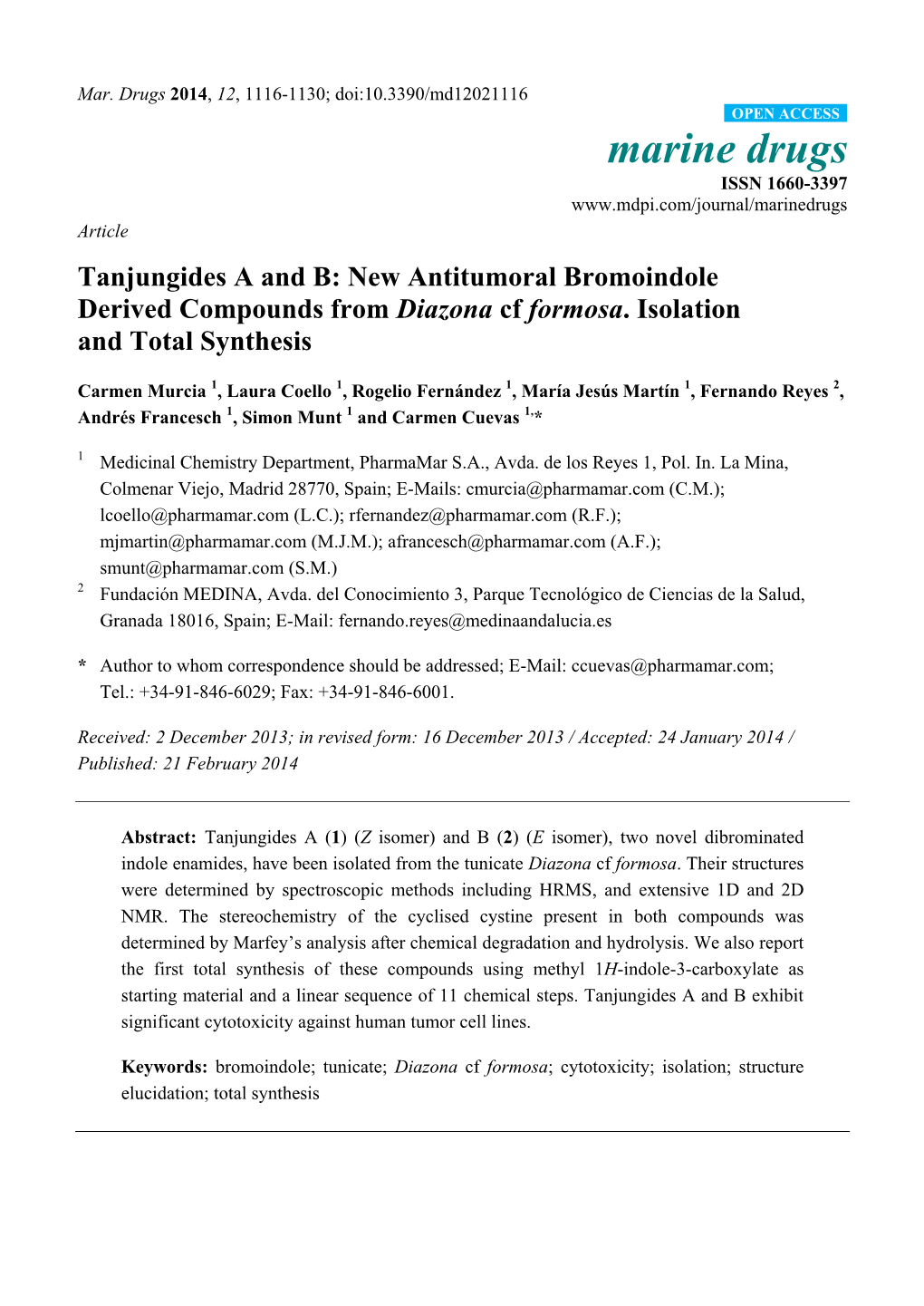 New Antitumoral Bromoindole Derived Compounds from Diazona Cf Formosa. Isolation and Total Synthesis