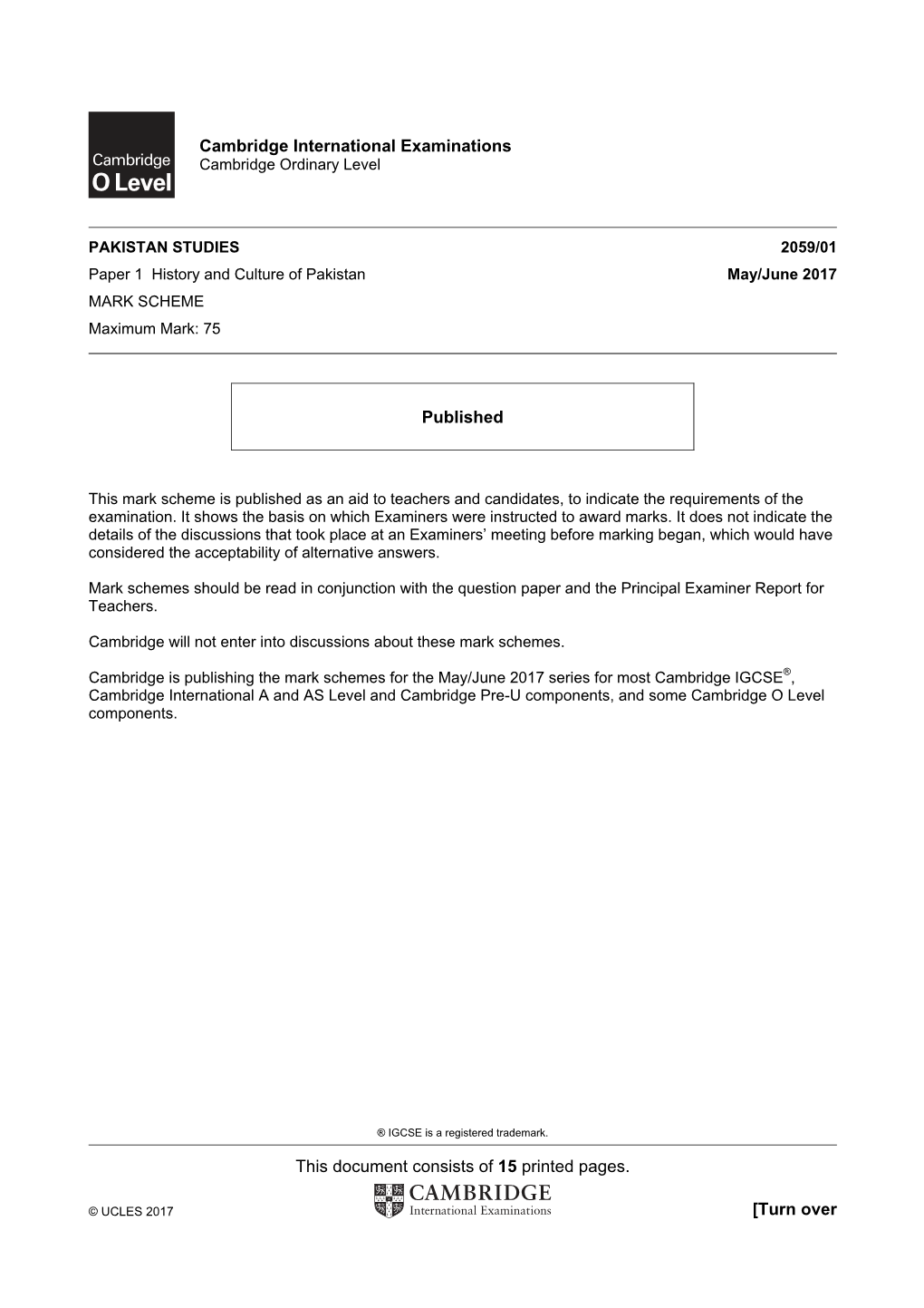 This Document Consists of 15 Printed Pages. [Turn Over Cambridge International Examinations Published