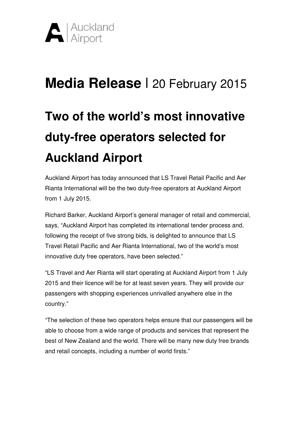 Media Release L 20 February 2015 Two of the World's Most