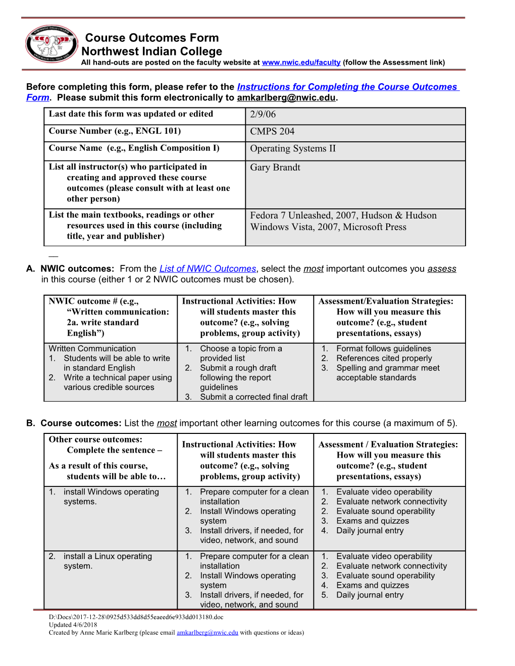 Course Outcomes Form