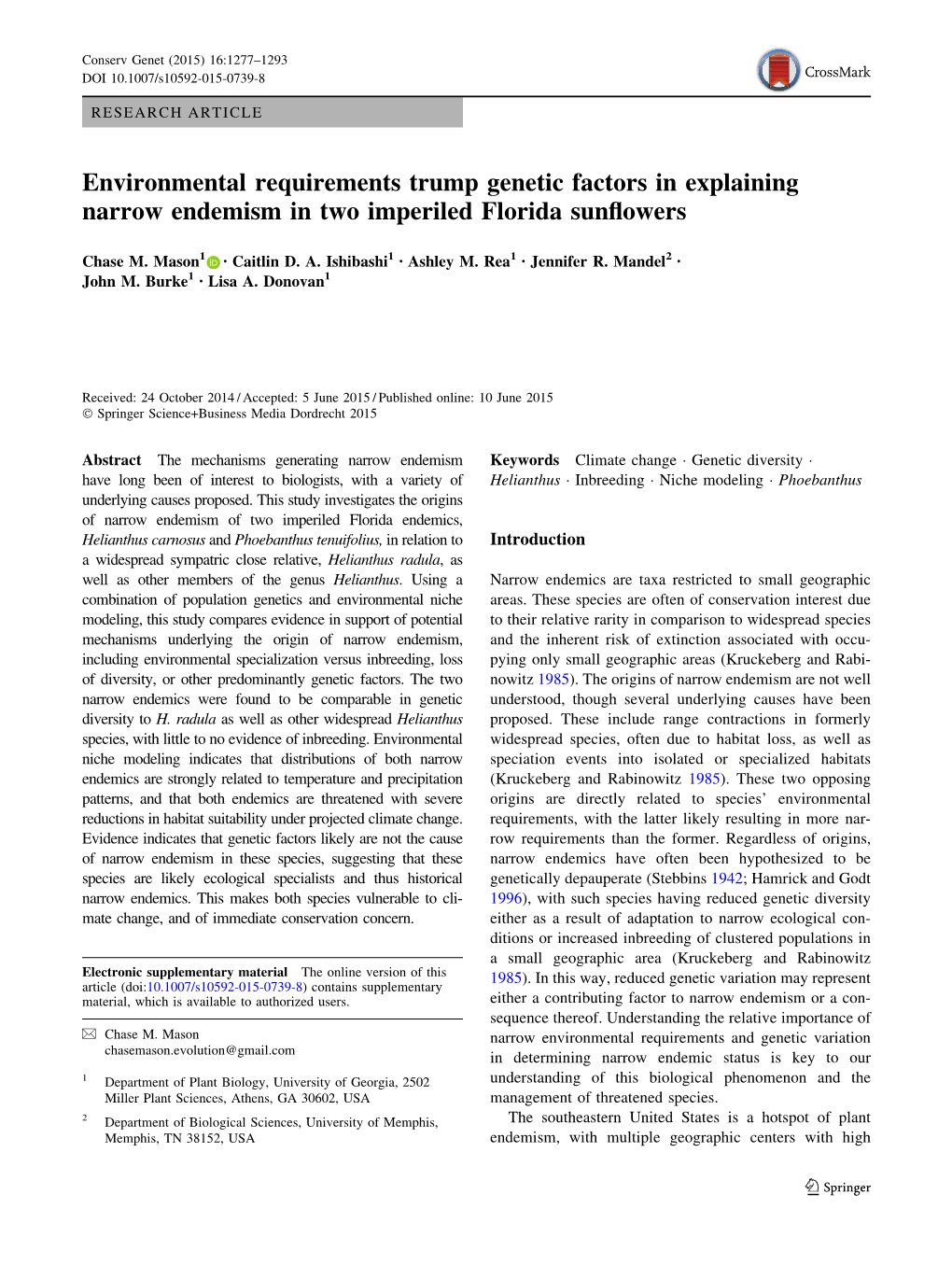 Environmental Requirements Trump Genetic Factors in Explaining Narrow Endemism in Two Imperiled Florida Sunflowers