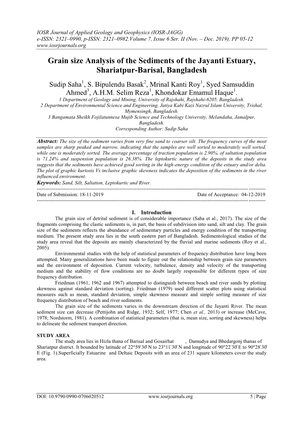 Grain Size Analysis of the Sediments of the Jayanti Estuary, Shariatpur-Barisal, Bangladesh