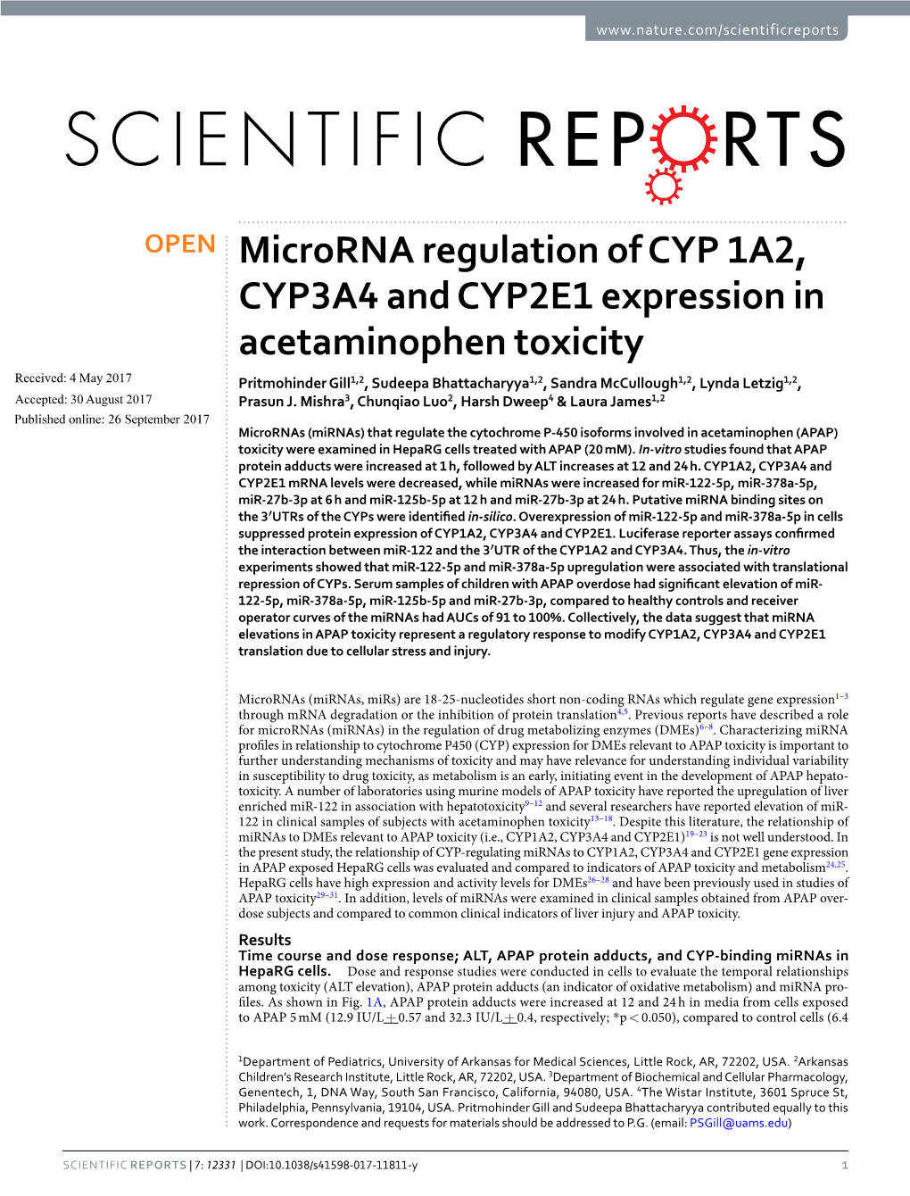 Microrna Regulation of CYP 1A2, CYP3A4 and CYP2E1 Expression in Acetaminophen Toxicity