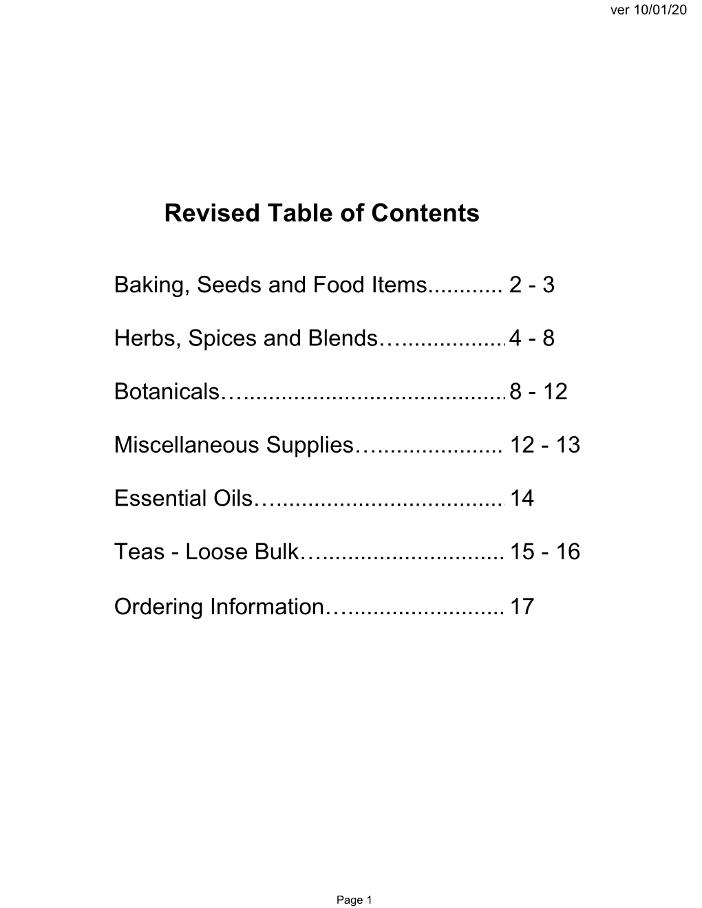 Revised Table of Contents