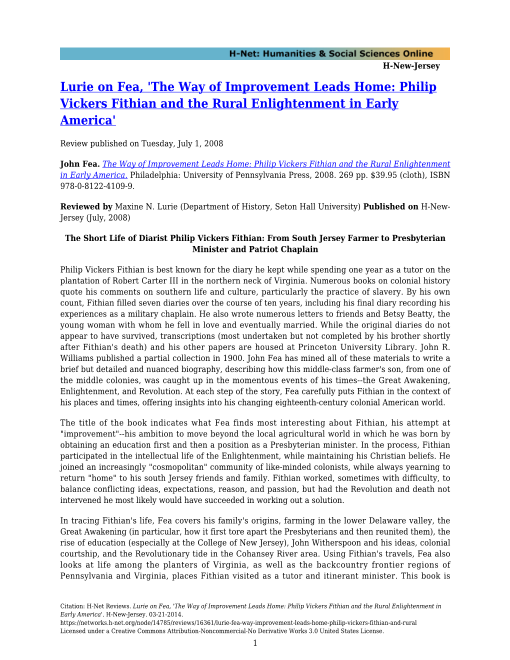 Lurie on Fea, 'The Way of Improvement Leads Home: Philip Vickers Fithian and the Rural Enlightenment in Early America'