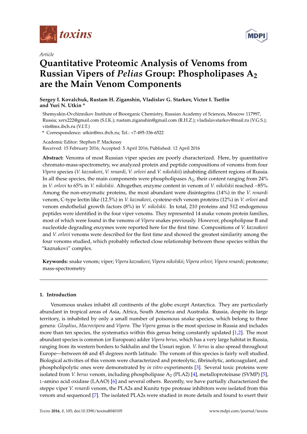 Quantitative Proteomic Analysis of Venoms from Russian Vipers of Pelias Group: Phospholipases A2 Are the Main Venom Components