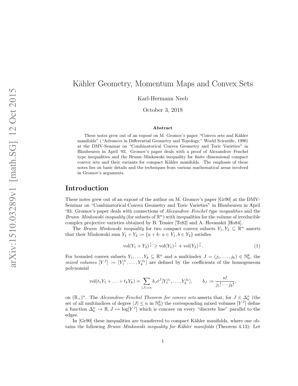 Kaehler Geometry, Momentum Maps and Convex Sets