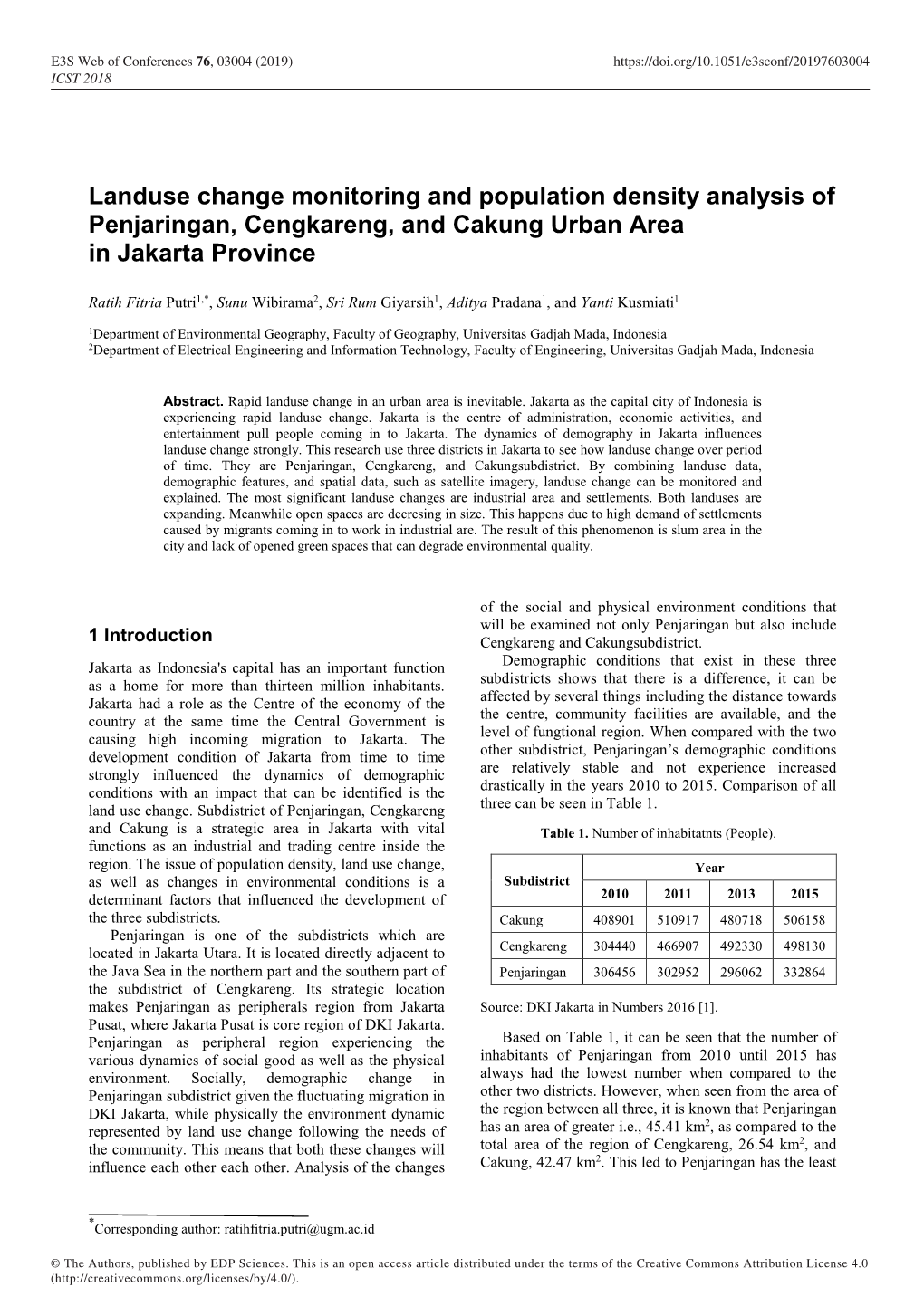 Landuse Change Monitoring and Population Density Analysis of Penjaringan, Cengkareng, and Cakung Urban Area in Jakarta Province
