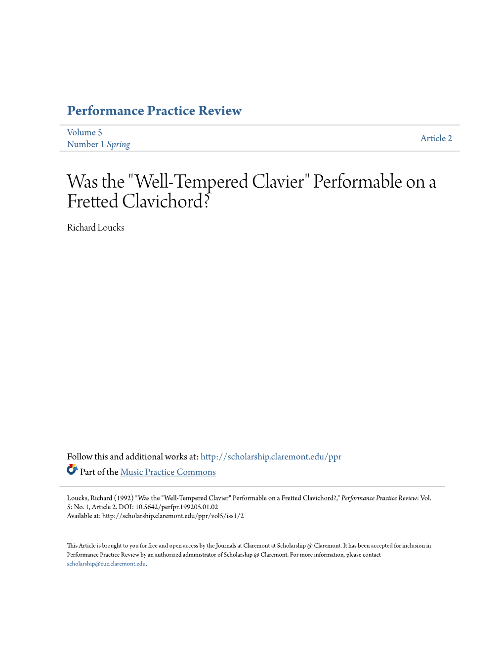 Was the "Well-Tempered Clavier" Performable on a Fretted Clavichord? Richard Loucks