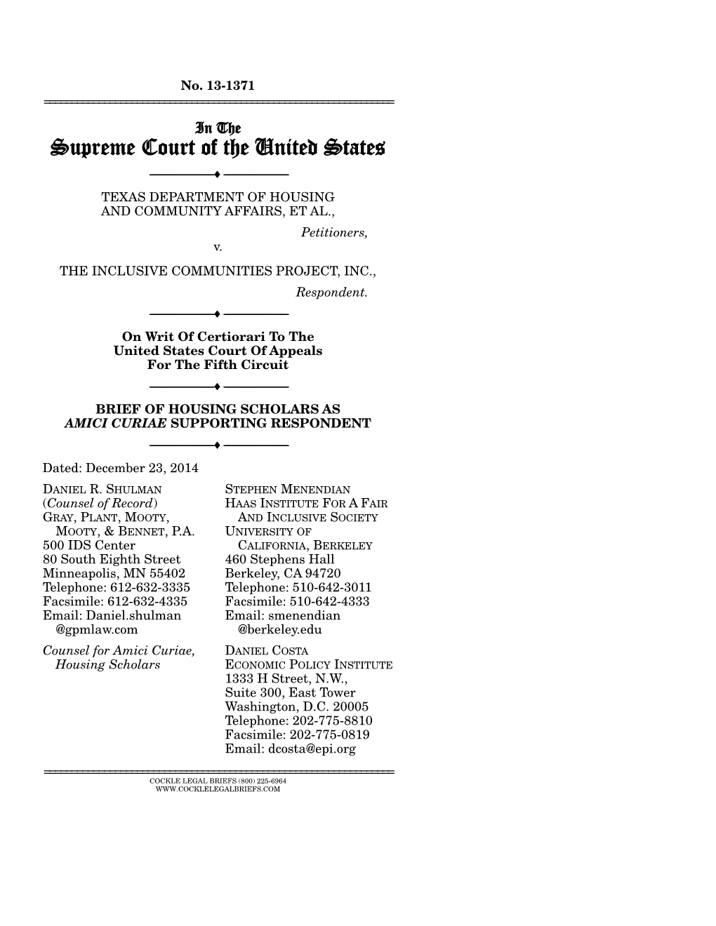 Supreme Court of the United States ------ ------TEXAS DEPARTMENT of HOUSING and COMMUNITY AFFAIRS, ET AL., Petitioners, V