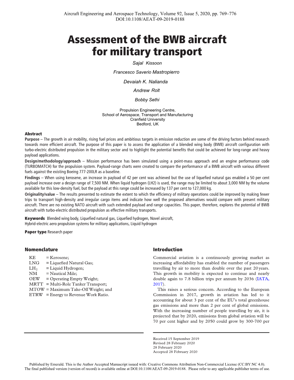 Assessment of the BWB Aircraft for Military Transport