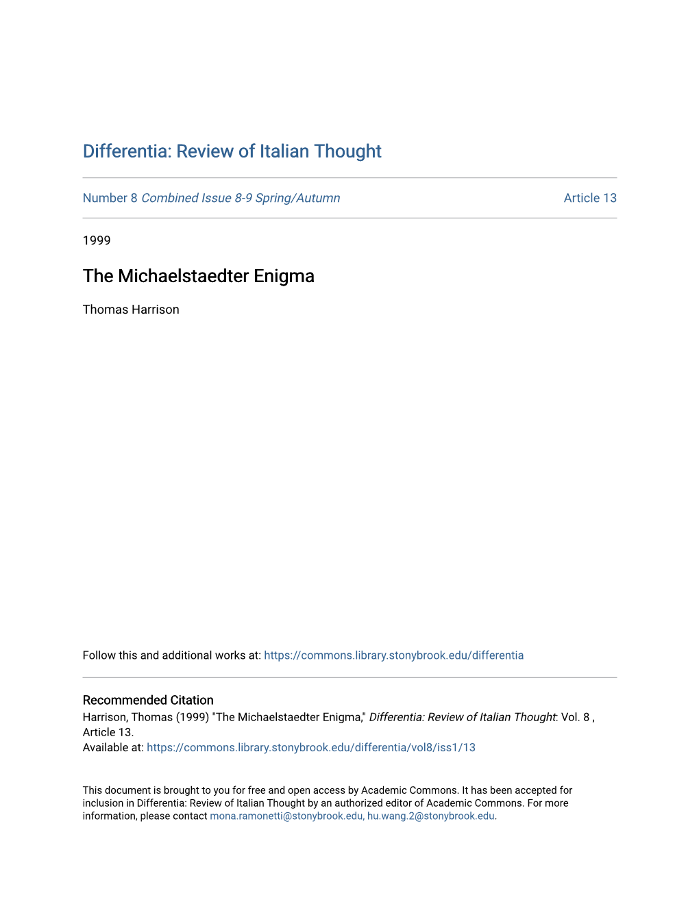 The Michelstaedter Enigma