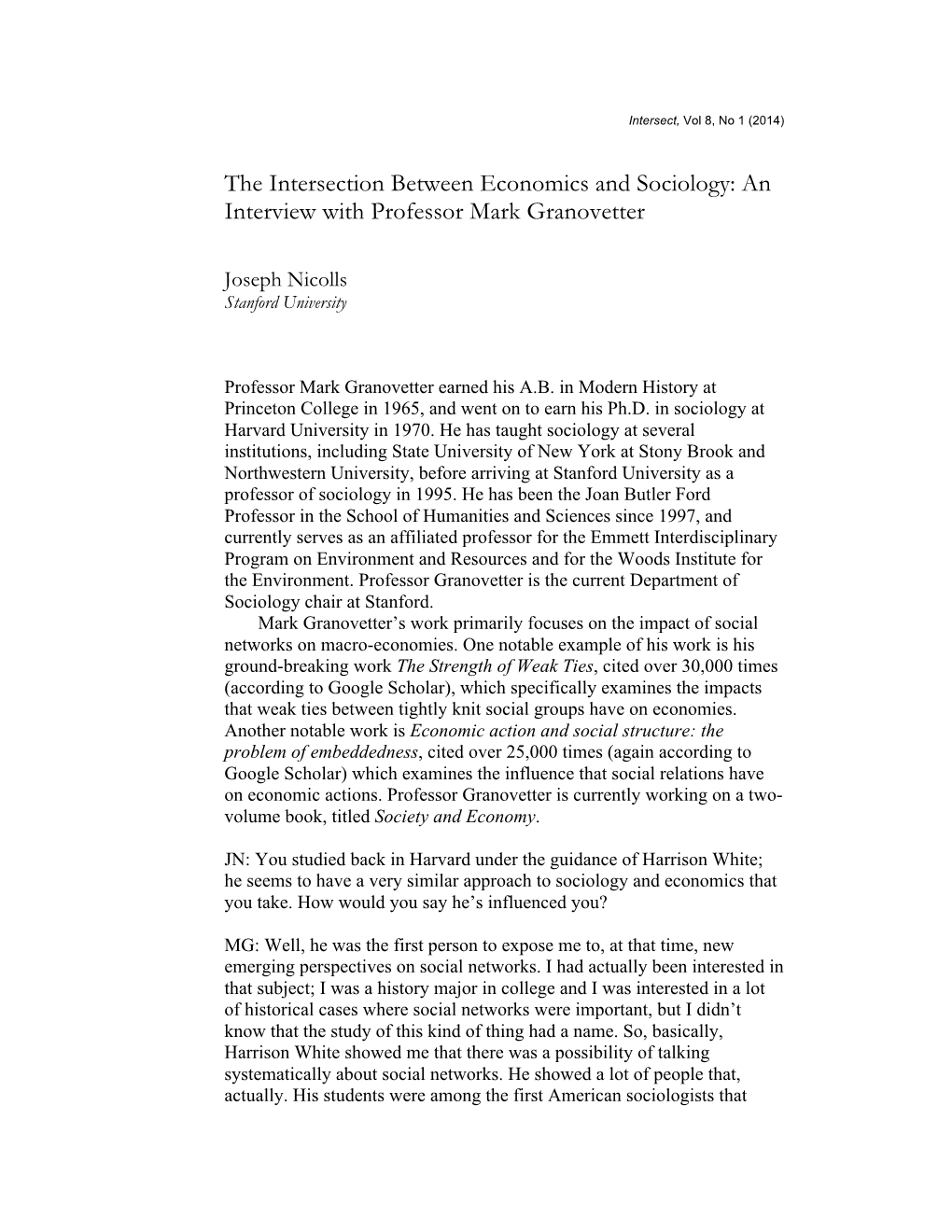 The Intersection Between Economics and Sociology: an Interview with Professor Mark Granovetter