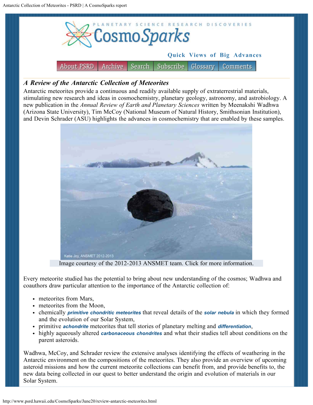 Antarctic Collection of Meteorites - PSRD | a Cosmosparks Report