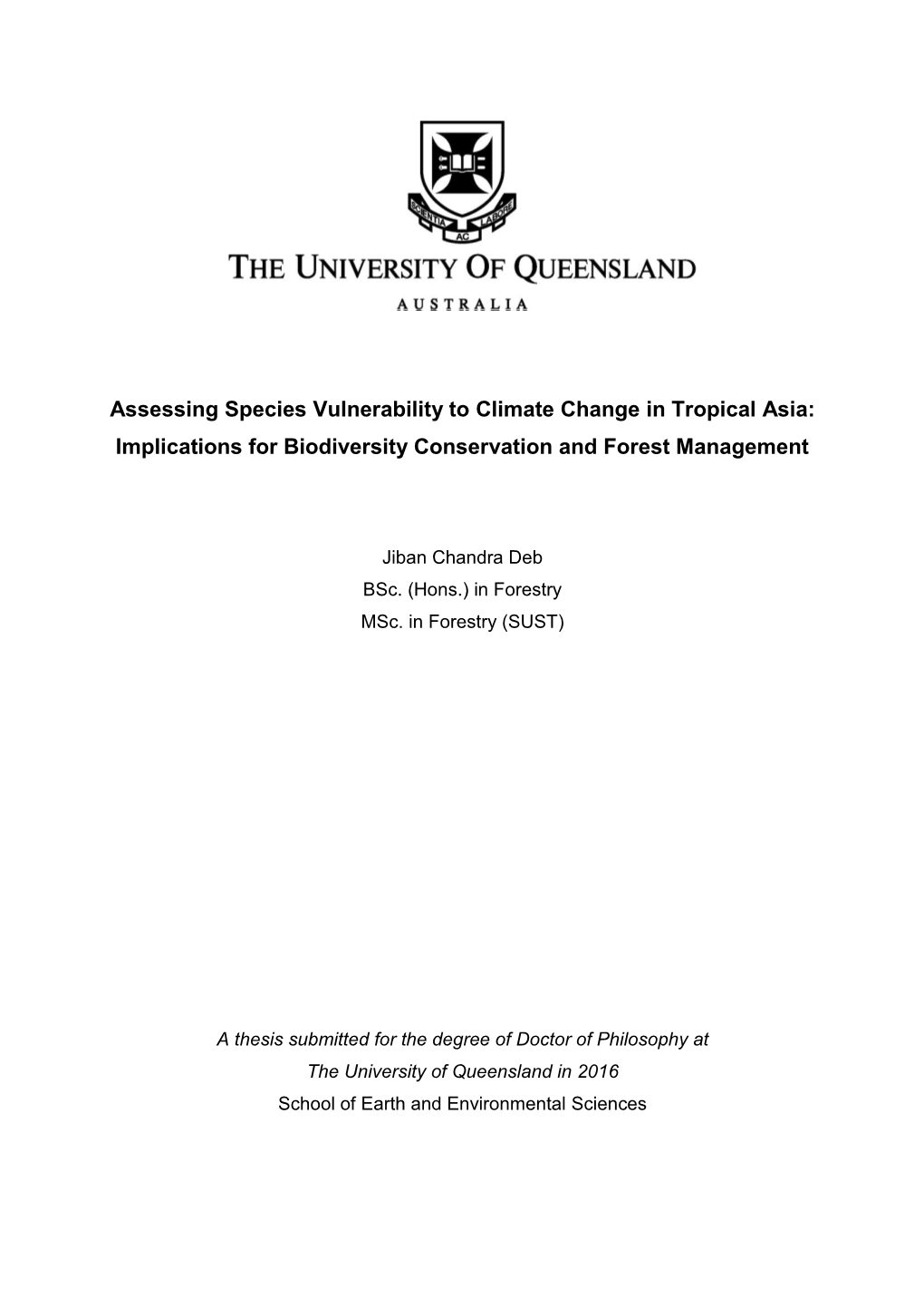 Assessing Species Vulnerability to Climate Change in Tropical Asia: Implications for Biodiversity Conservation and Forest Management