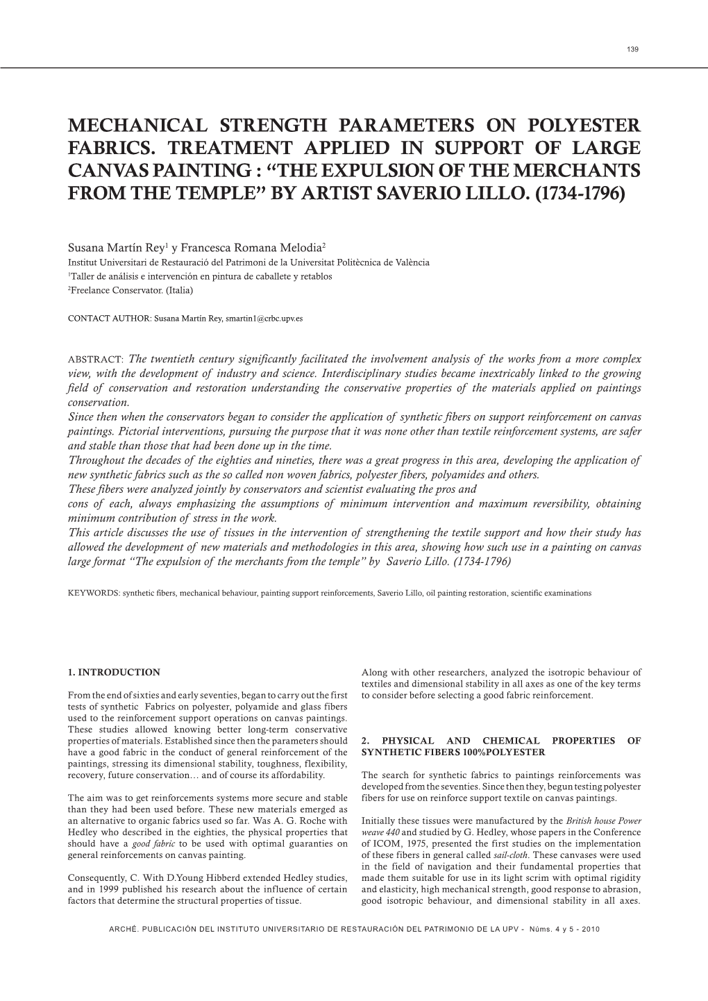 Mechanical Strength Parameters on Polyester Fabrics. Treatment Applied in Support of Large Canvas Painting