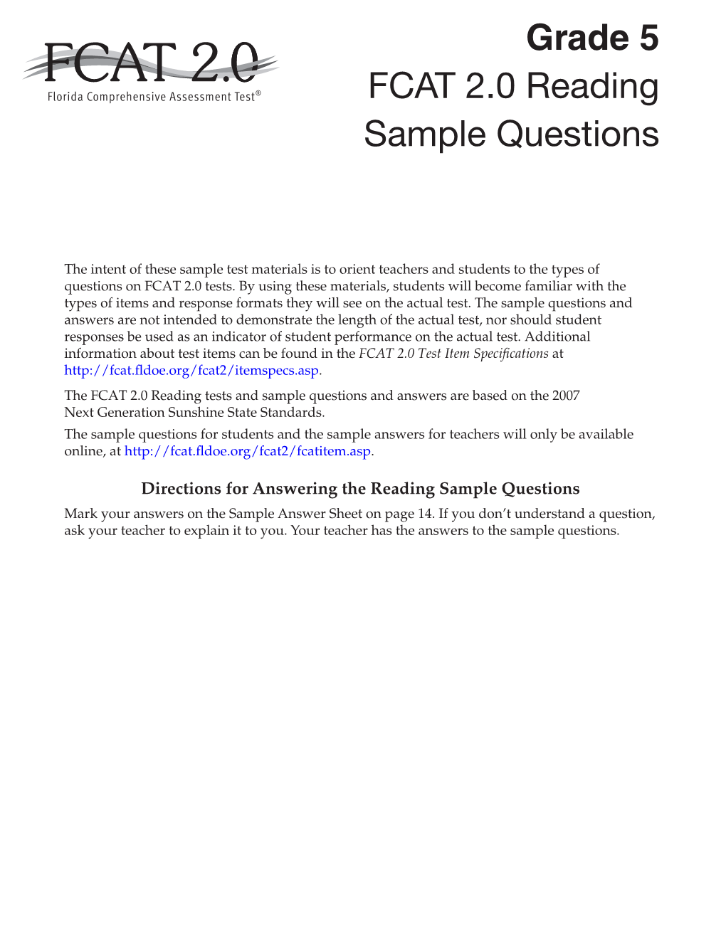 FCAT 2.0 Grade 5 Reading Sample Questions